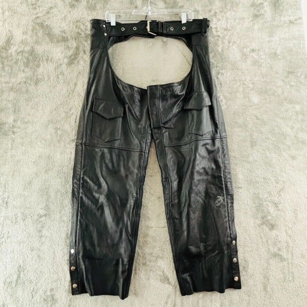 USA Bikers Dream Apparel Black Leather Motorcycle Chaps Adult XL Flap Pockets